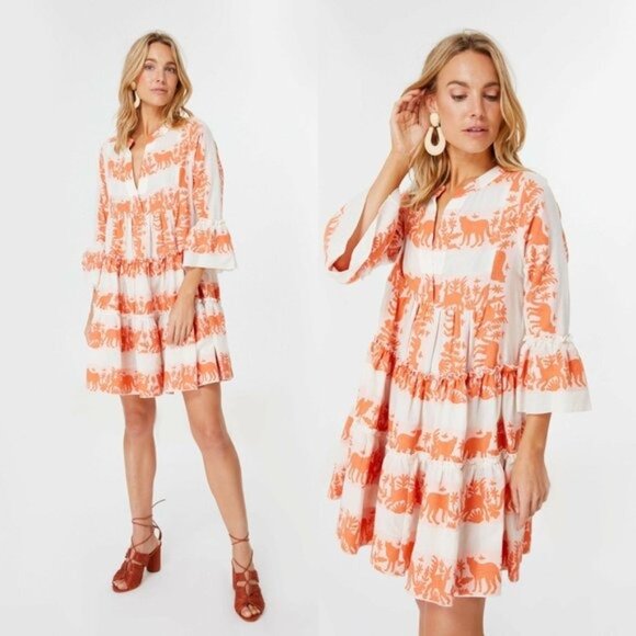 Tuckernuck NEW Kasia Ecru Clio Ruffle Mini Dress in Orange and Ivory Size XS - Picture 10 of 10
